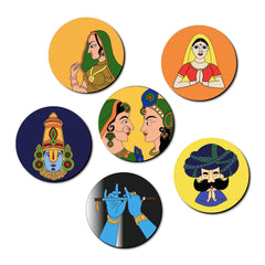 Set of six circular coasters with colorful illustrations of people on a white background