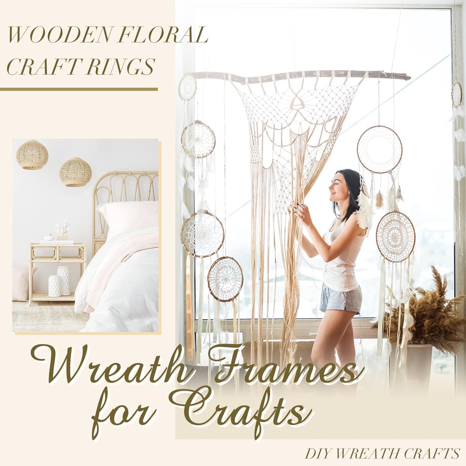 Woman holding a large wooden wreath with decorative elements, surrounded by text about wooden floral craft rings and wreath frames for crafts.