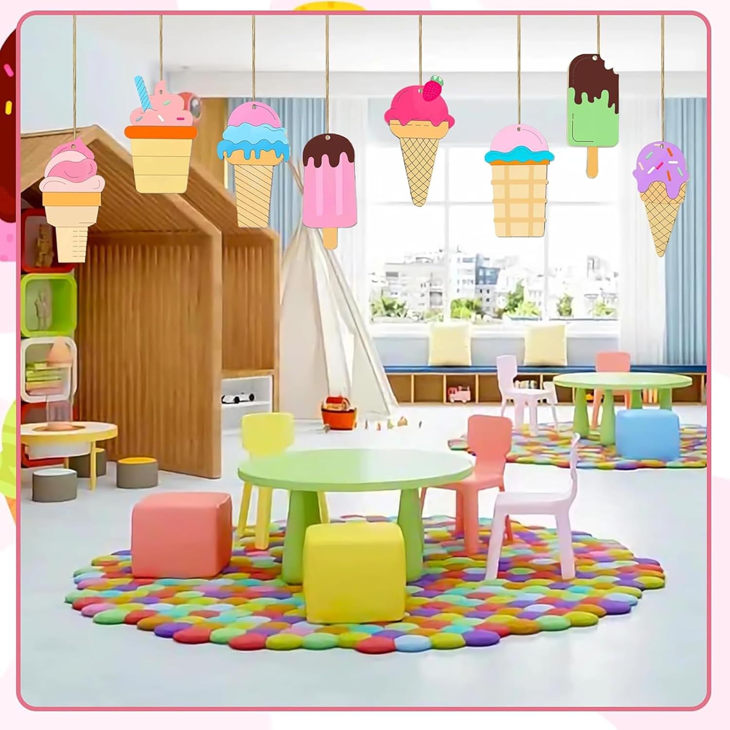 Colorful children's playroom with ice cream-themed decor