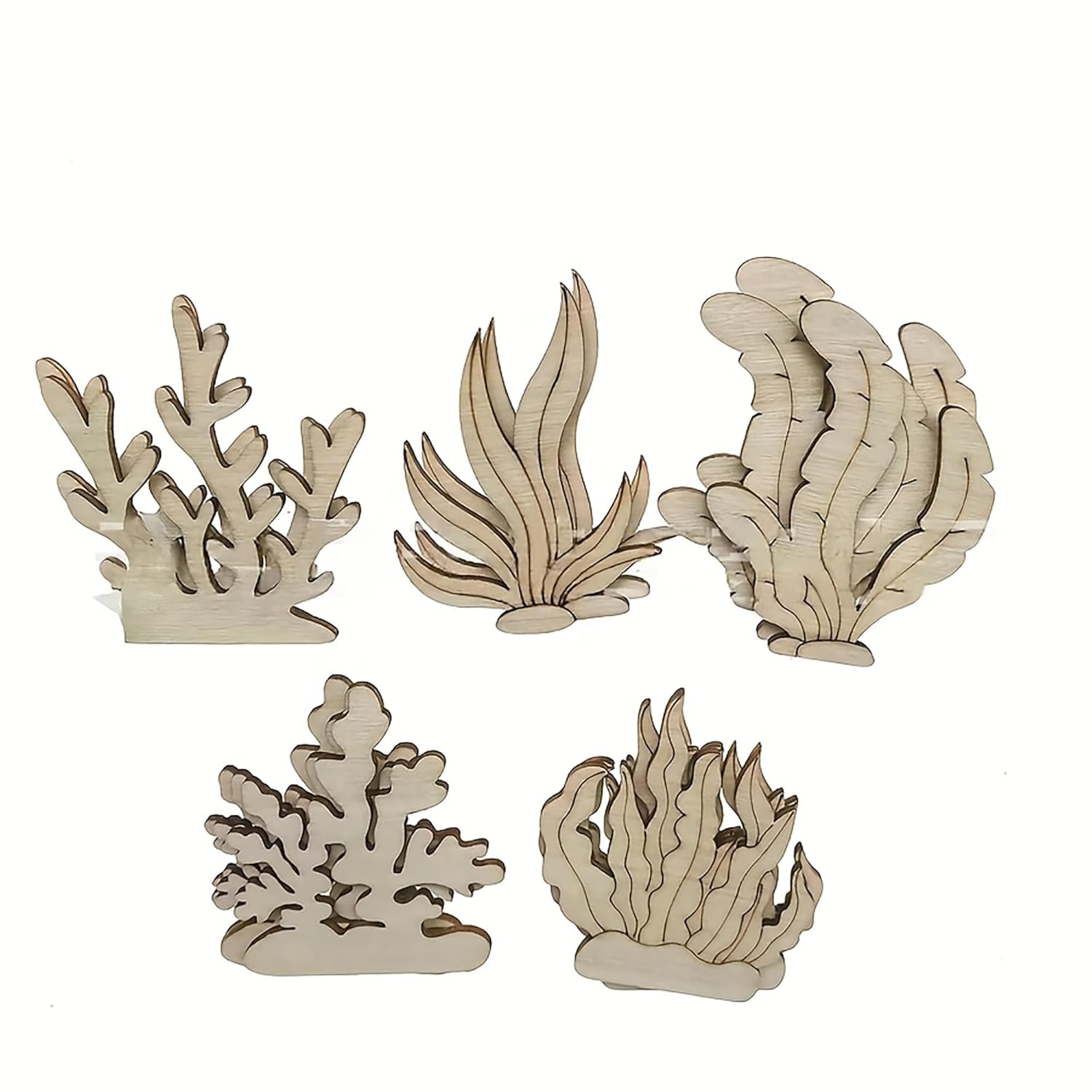 Set of five wooden coral reef models on a white background