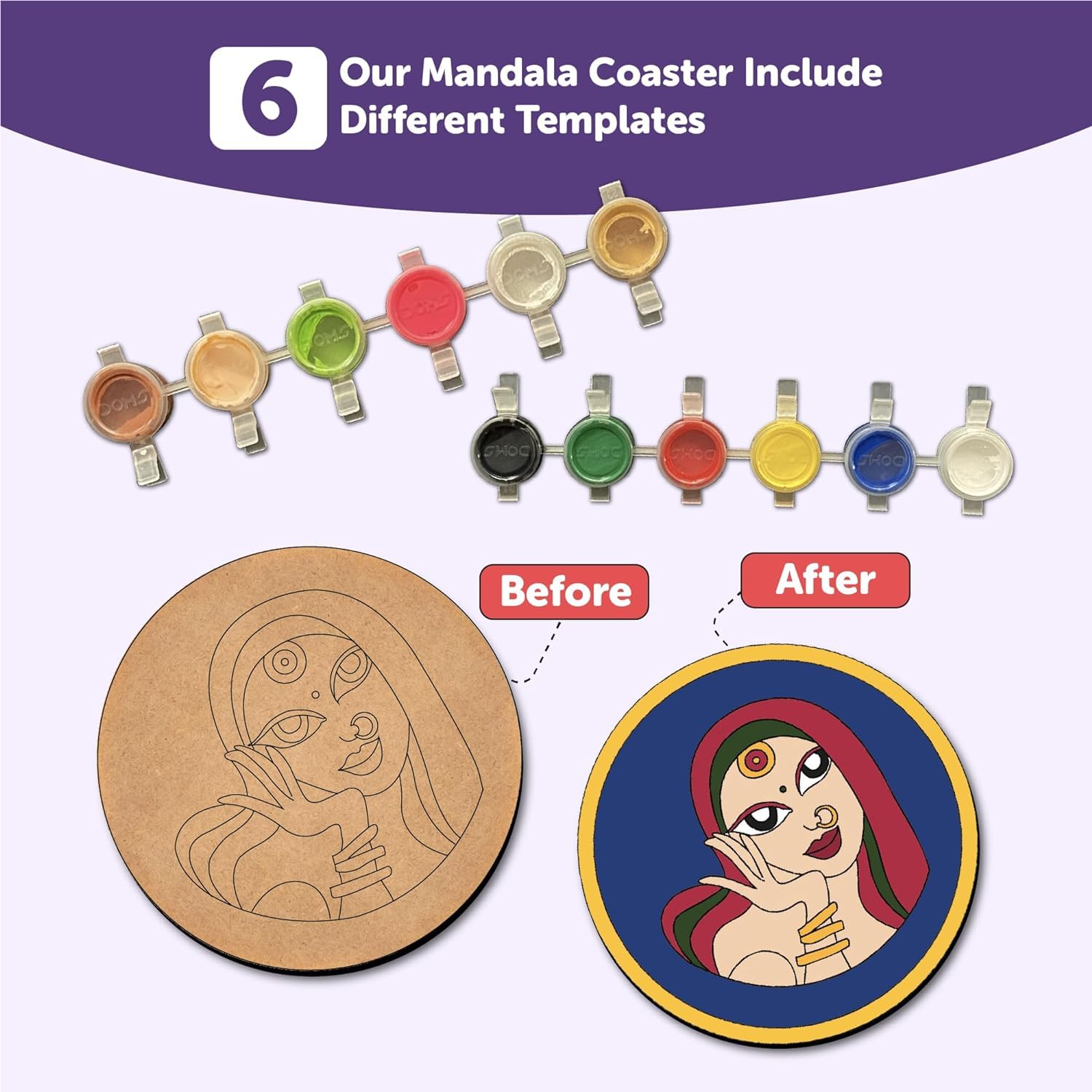 Mandala coaster set with color samples and 'Before'/'After' comparison on a white background.
