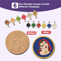 Mandala coaster set with color samples and 'Before'/'After' comparison on a white background.