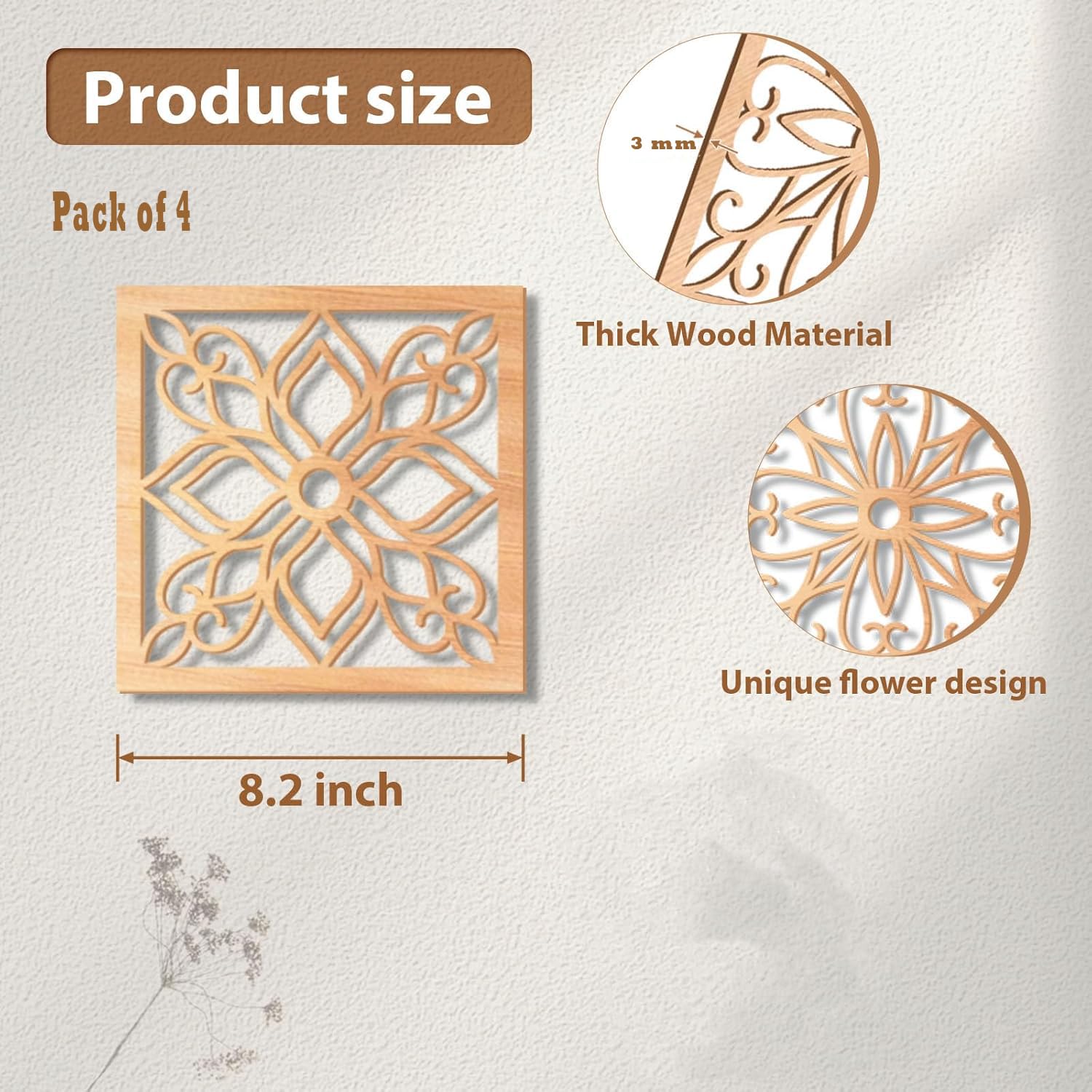 Wooden decorative panel with floral design, product size details, and material information on a light gray background.