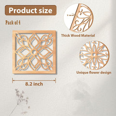 Wooden decorative panel with floral design, product size details, and material information on a light gray background.
