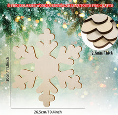Wooden snowflake cutouts with measurements and a Christmas tree background