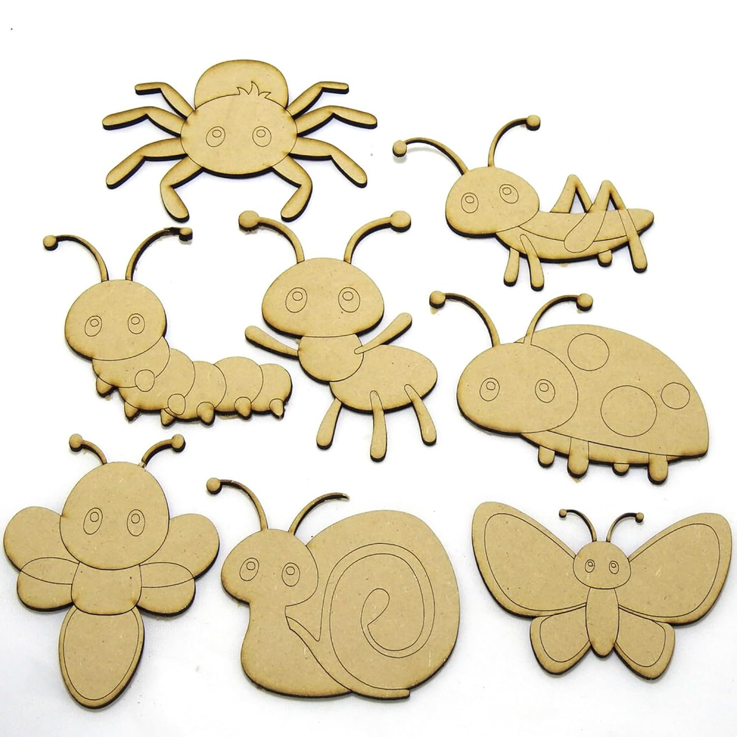 Set of wooden insect shapes on a white background