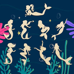 Silhouettes of mermaids on a dark blue background with sea plants and stars.