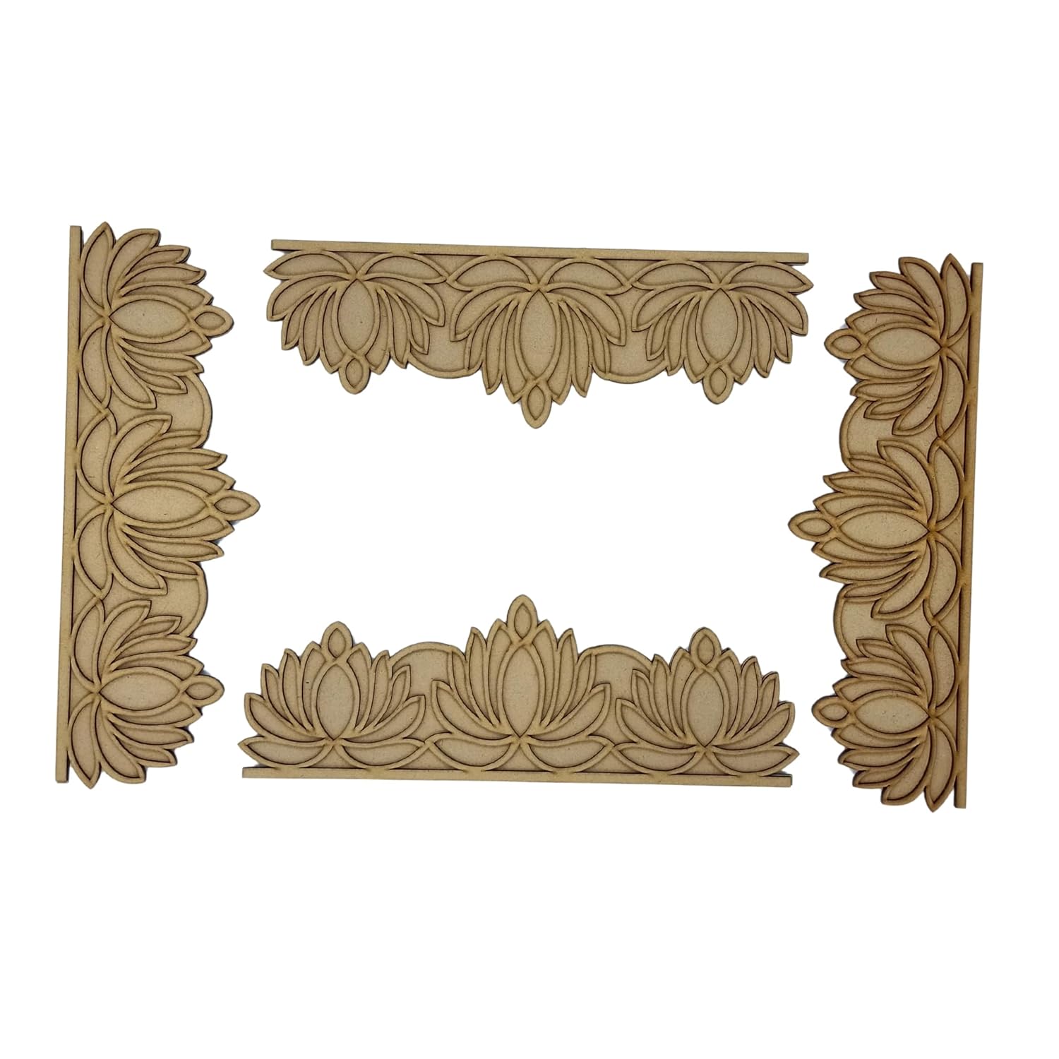 Decorative wooden corner brackets with floral patterns on a white background
