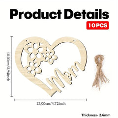 Wooden heart-shaped ornament with 'Mom' engraving and floral designs, accompanied by twine, on a white background.