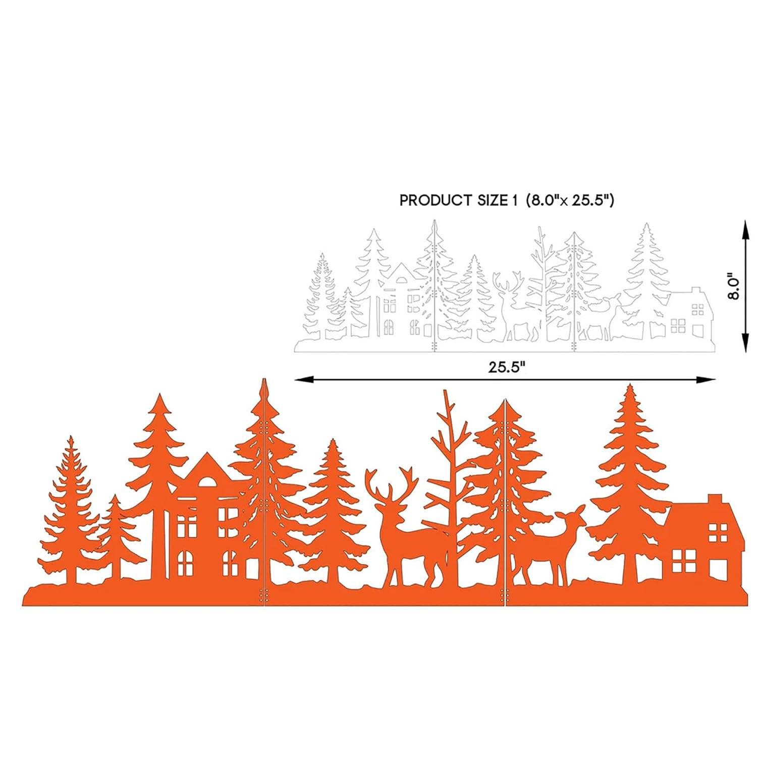 Decorative metal wall art with trees, houses, and deer silhouettes on a white background.