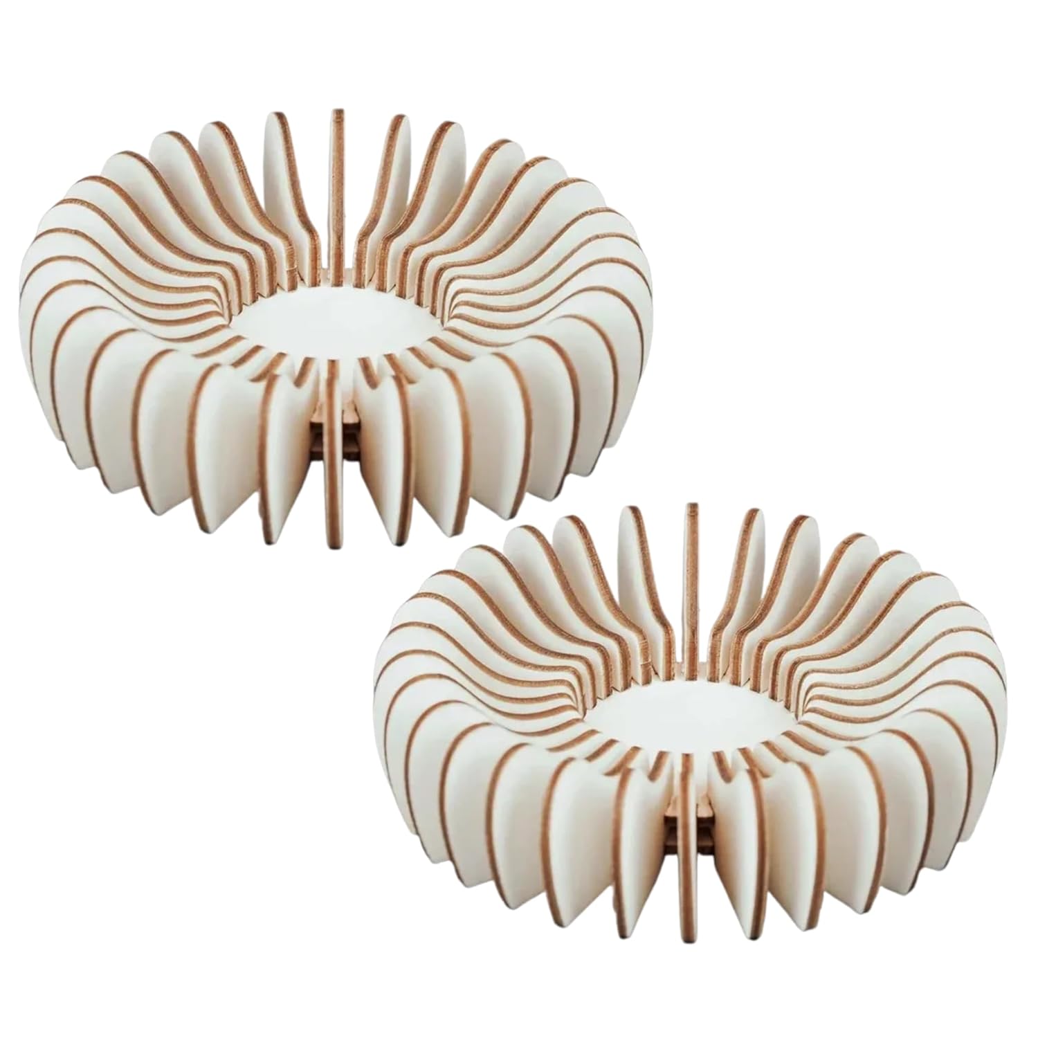 Two wooden coasters with a unique spiral design on a white background