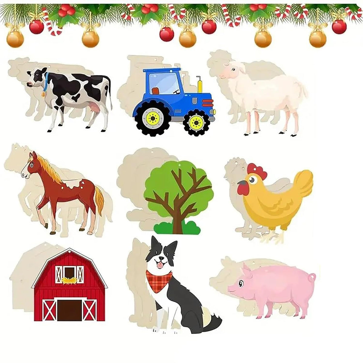Set of cartoon farm animals and a barn with Christmas decorations at the top.