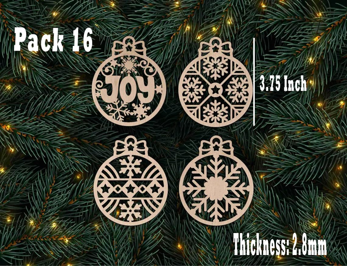 Four wooden Christmas ornaments with 'JOY' and snowflake designs on a festive background.