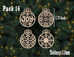 Four wooden Christmas ornaments with 'JOY' and snowflake designs on a festive background.