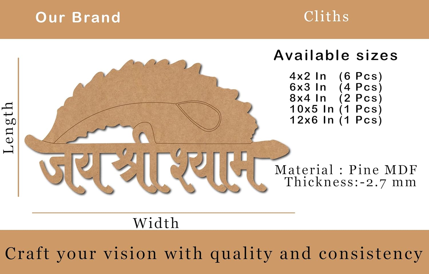 Wooden decorative item with text and dimensions on a beige background