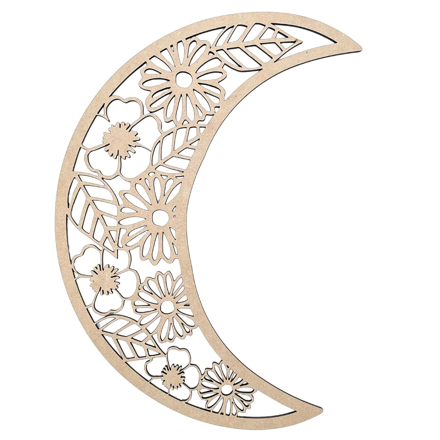 Wooden moon-shaped cutout with floral patterns on a white background