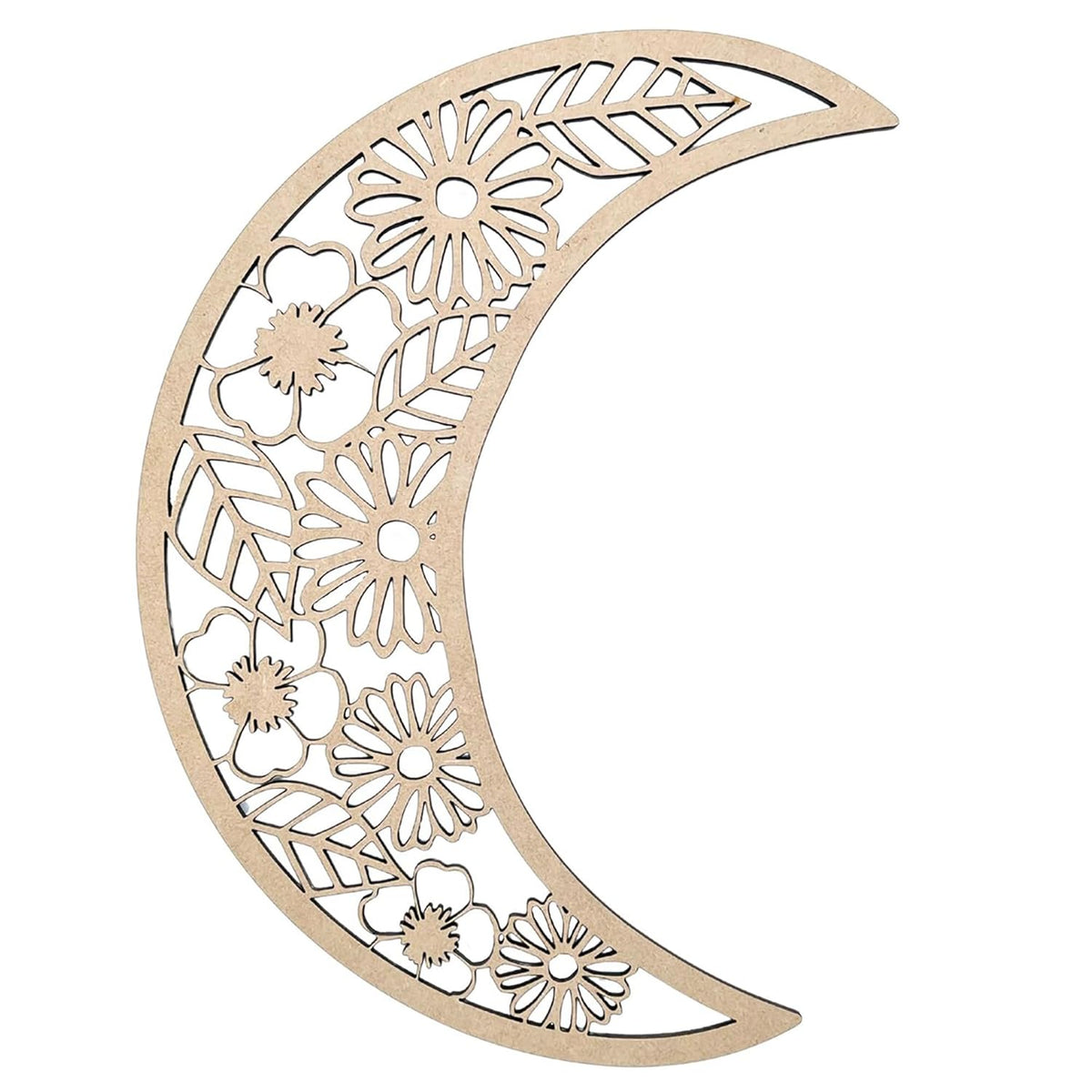 Wooden moon-shaped cutout with floral patterns on a white background