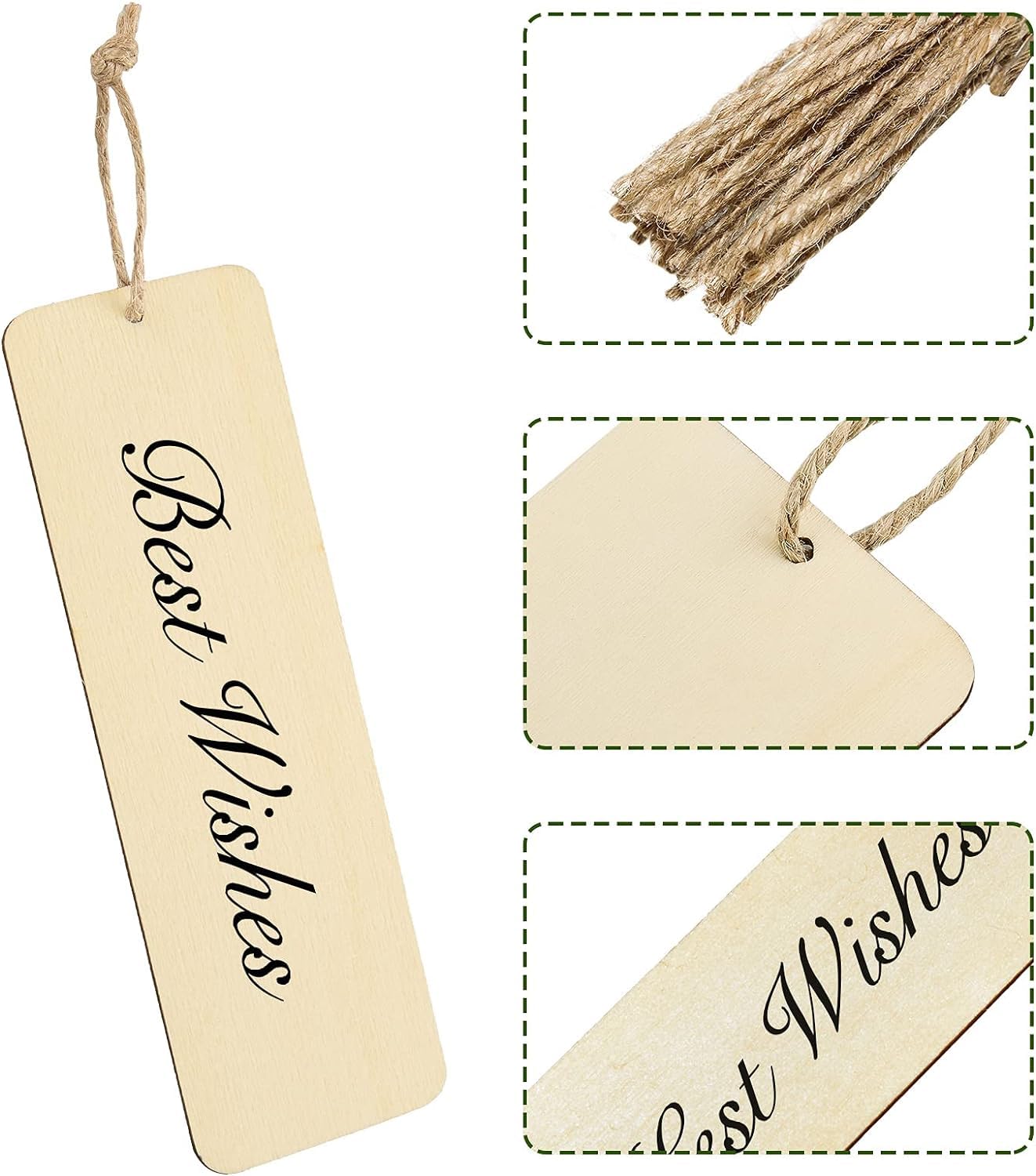 Set of wooden tags with 'Best Wishes' text, including a close-up of the text and a tassel.