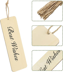 Set of wooden tags with 'Best Wishes' text, including a close-up of the text and a tassel.