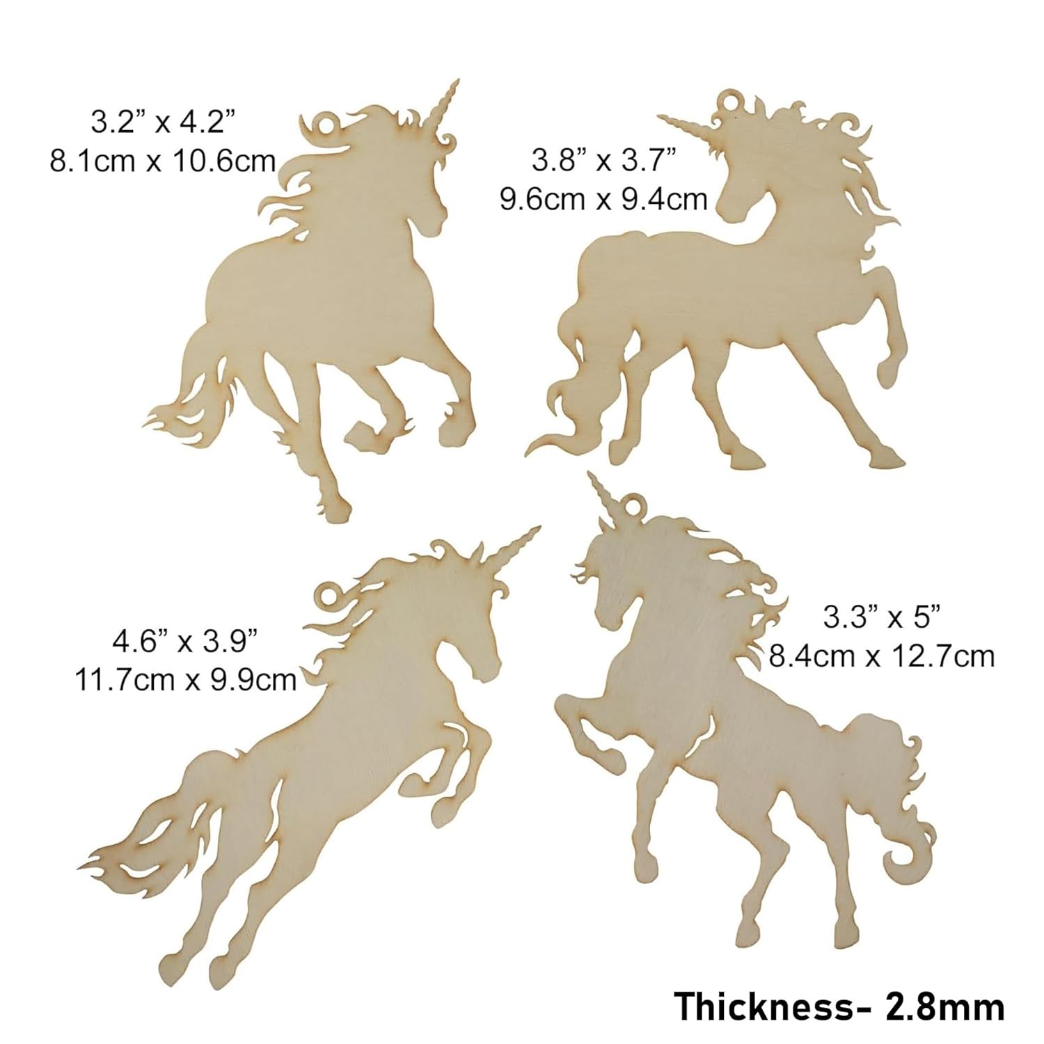 Unicorn-shaped cutouts with dimensions and thickness displayed