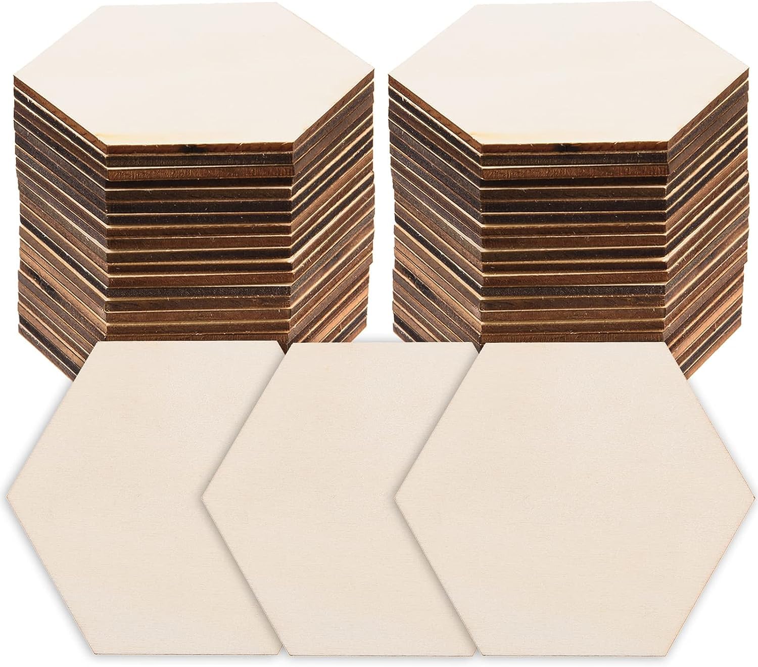 Hexagonal wooden coasters with cream-colored pads on a white background
