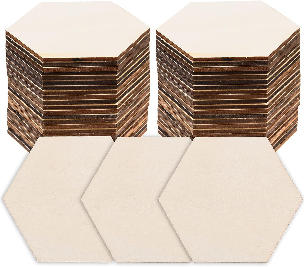 Hexagonal wooden coasters with cream-colored pads on a white background