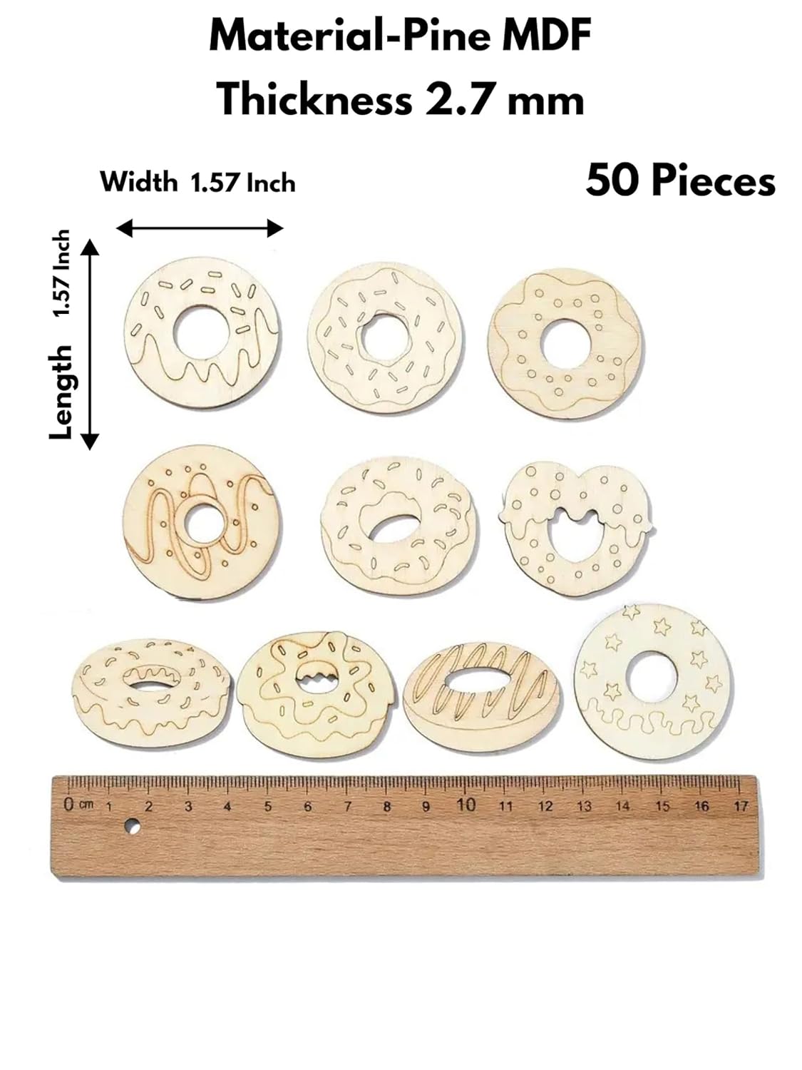 Wooden donut-shaped pieces with measurements and a ruler on a white background