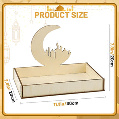 Wooden tray with crescent moon and mosque design, showing product size dimensions.