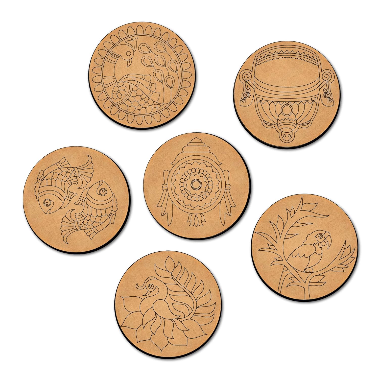 Set of six round cardboard coasters with various designs on a white background