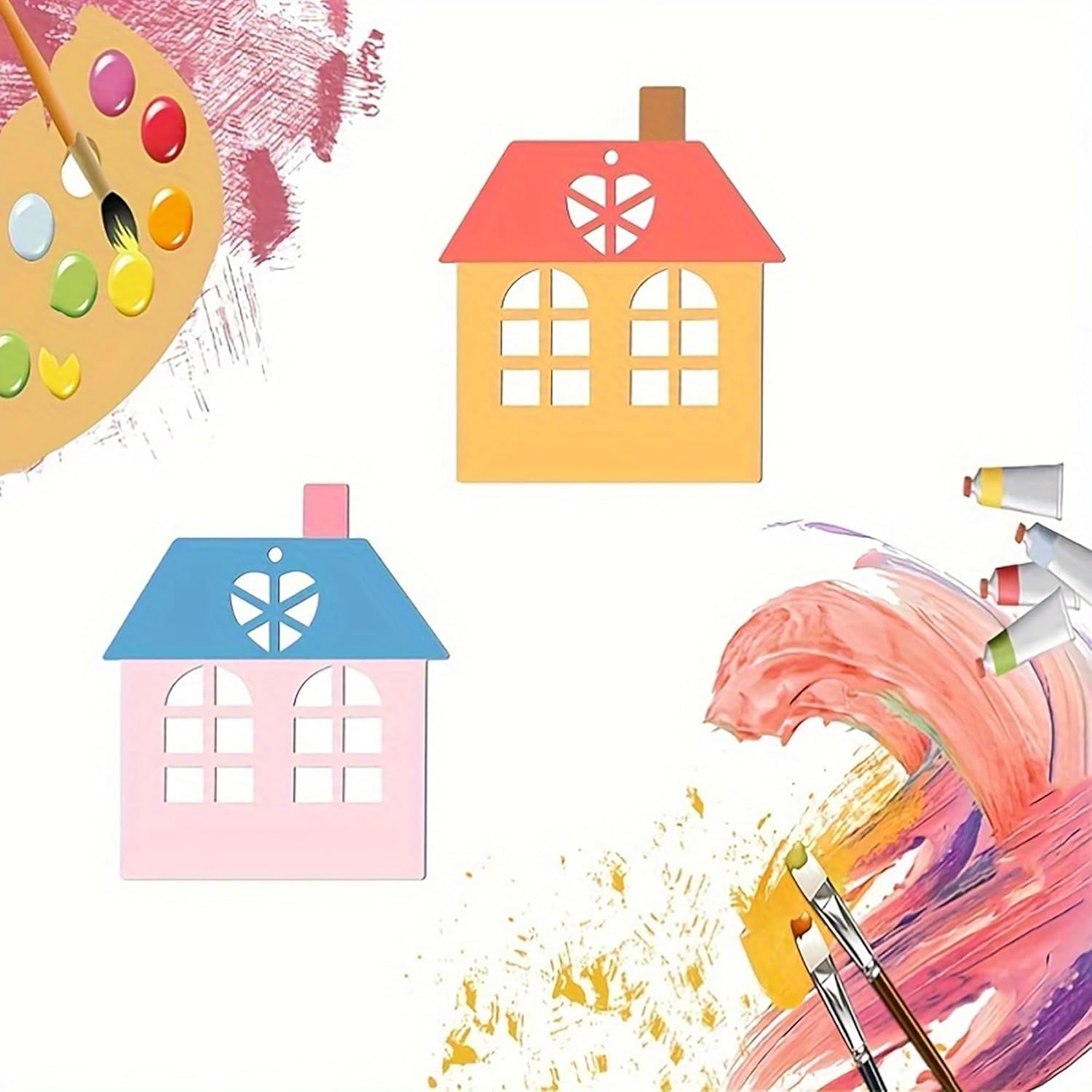 Colorful houses with a paint palette and brushes on a white background