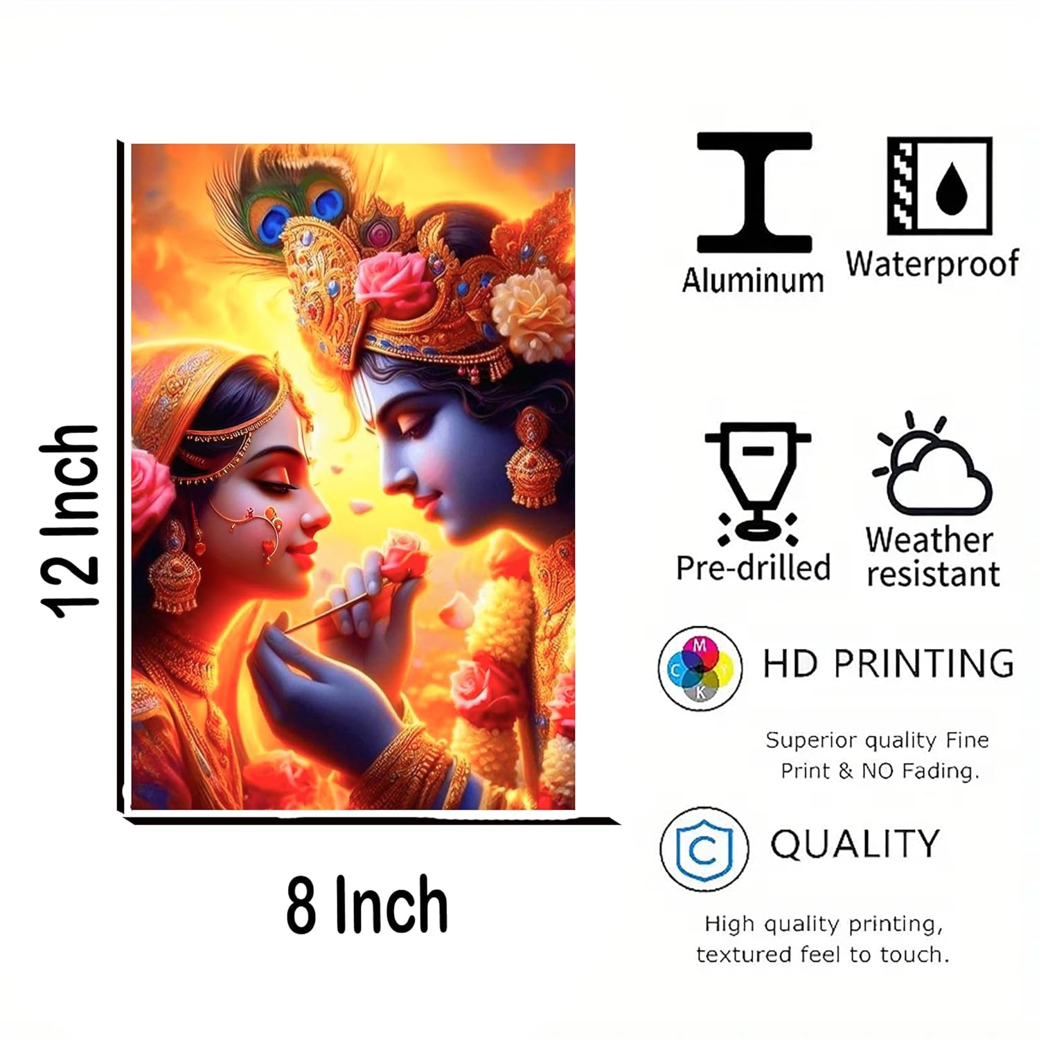 Decorative panel with artistic design, size 12x8 inches, featuring icons for material properties on a white background.