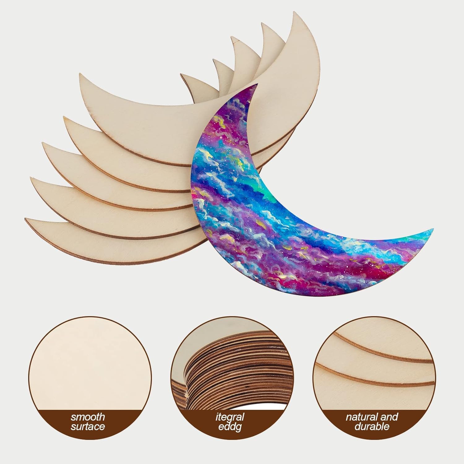 Wooden crescent moon cutout with color swatches indicating surface qualities on a light gray background.