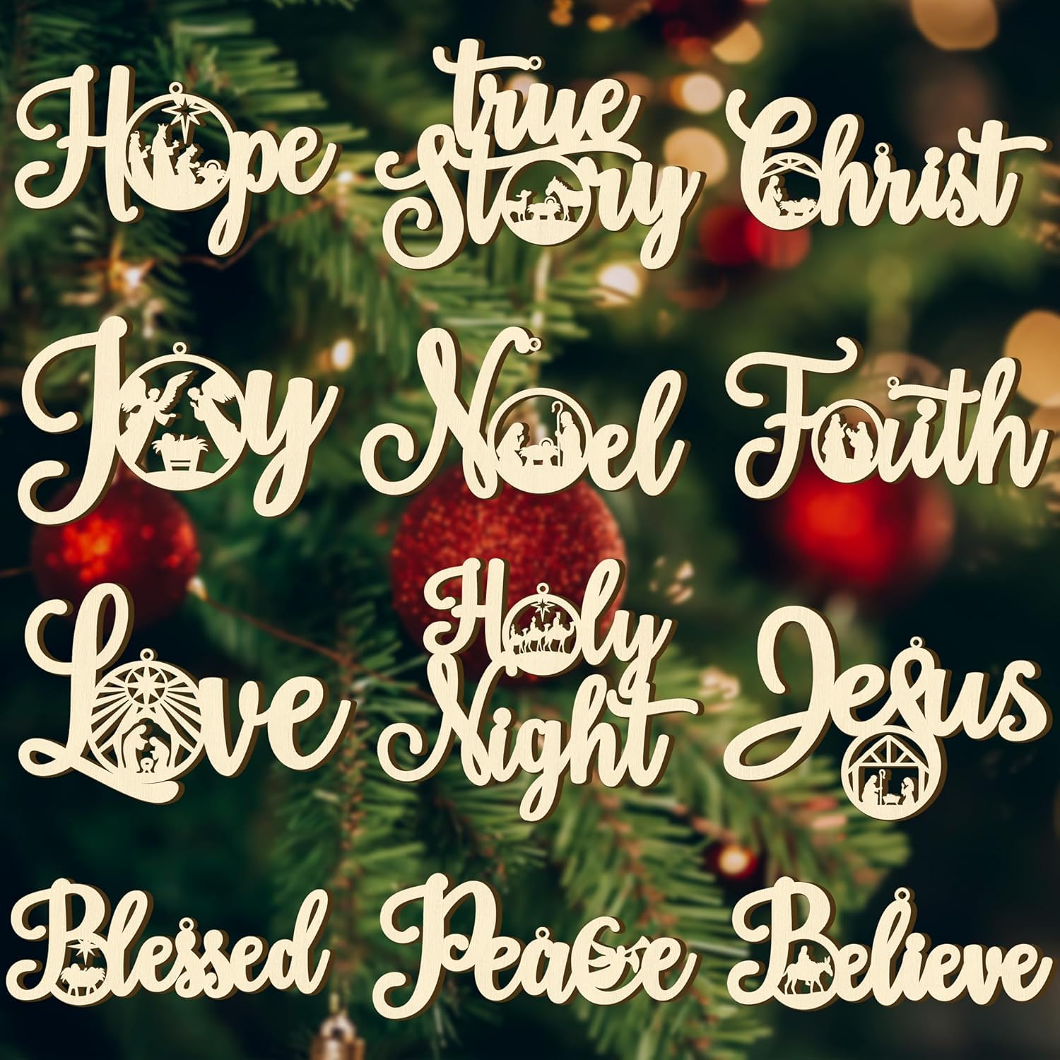 Decorative Christmas tree with religious-themed ornaments against a blurred festive background