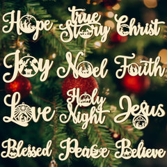 Decorative Christmas tree with religious-themed ornaments against a blurred festive background