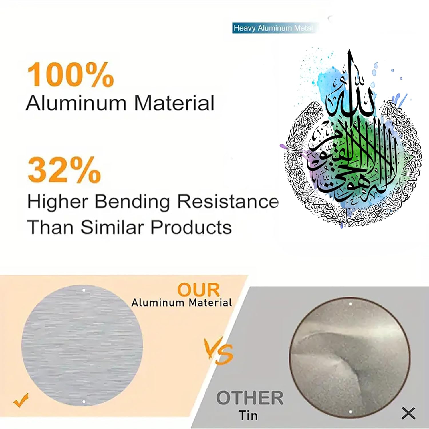 Comparison of aluminum material with other tin, highlighting 100% aluminum content and higher bending resistance.