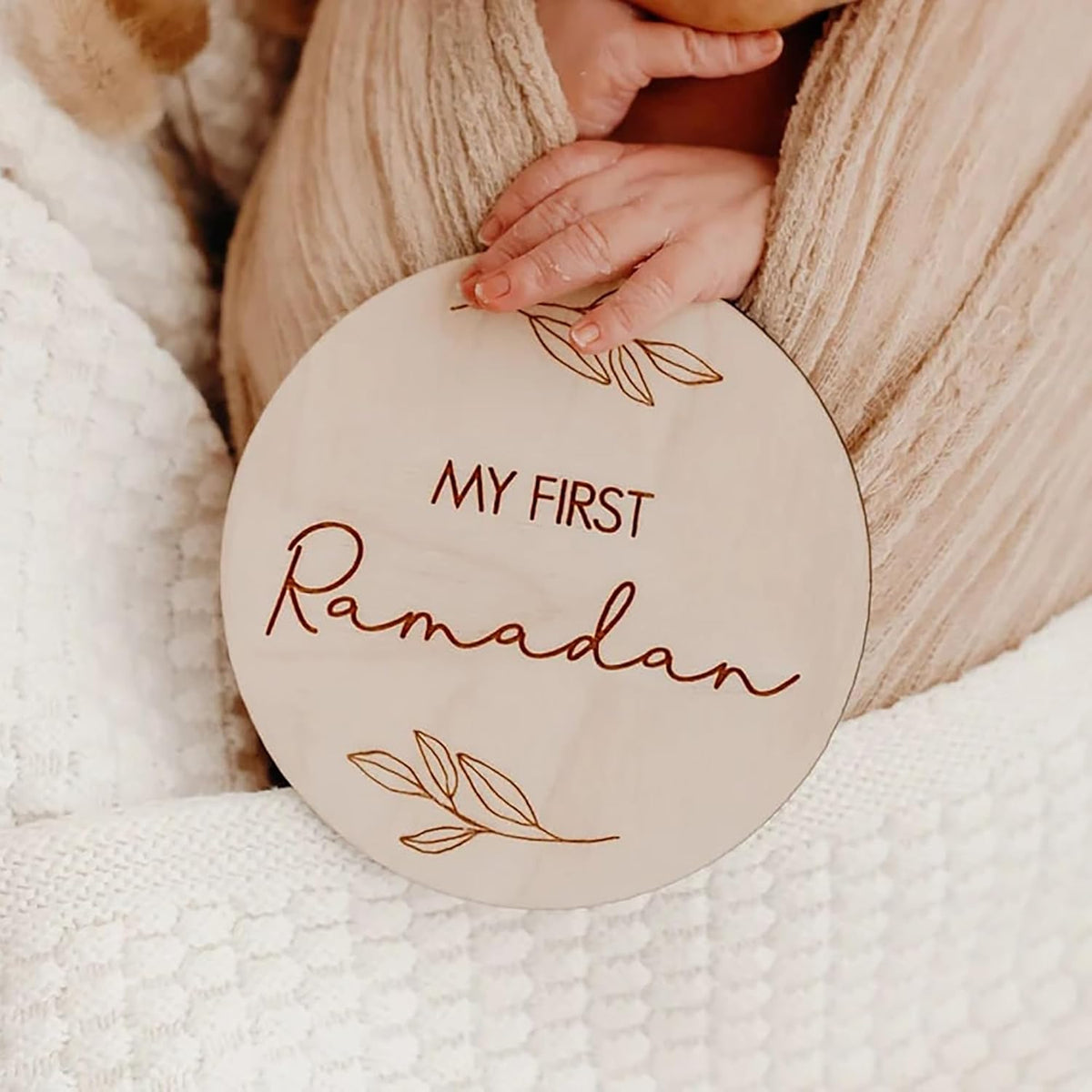 Cliths Set of 2 Reversible Wooden Baby Milestone Discs My First Ramadan & Eid Mubarak Props for Newborn Photoshoot