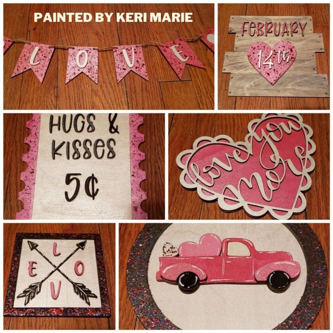 Collage of Valentine's Day-themed wooden signs with text and graphics.
