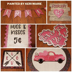 Collage of Valentine's Day-themed wooden signs with text and graphics.