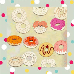 Colorful wooden donut-shaped toys on a light background with polka dots.