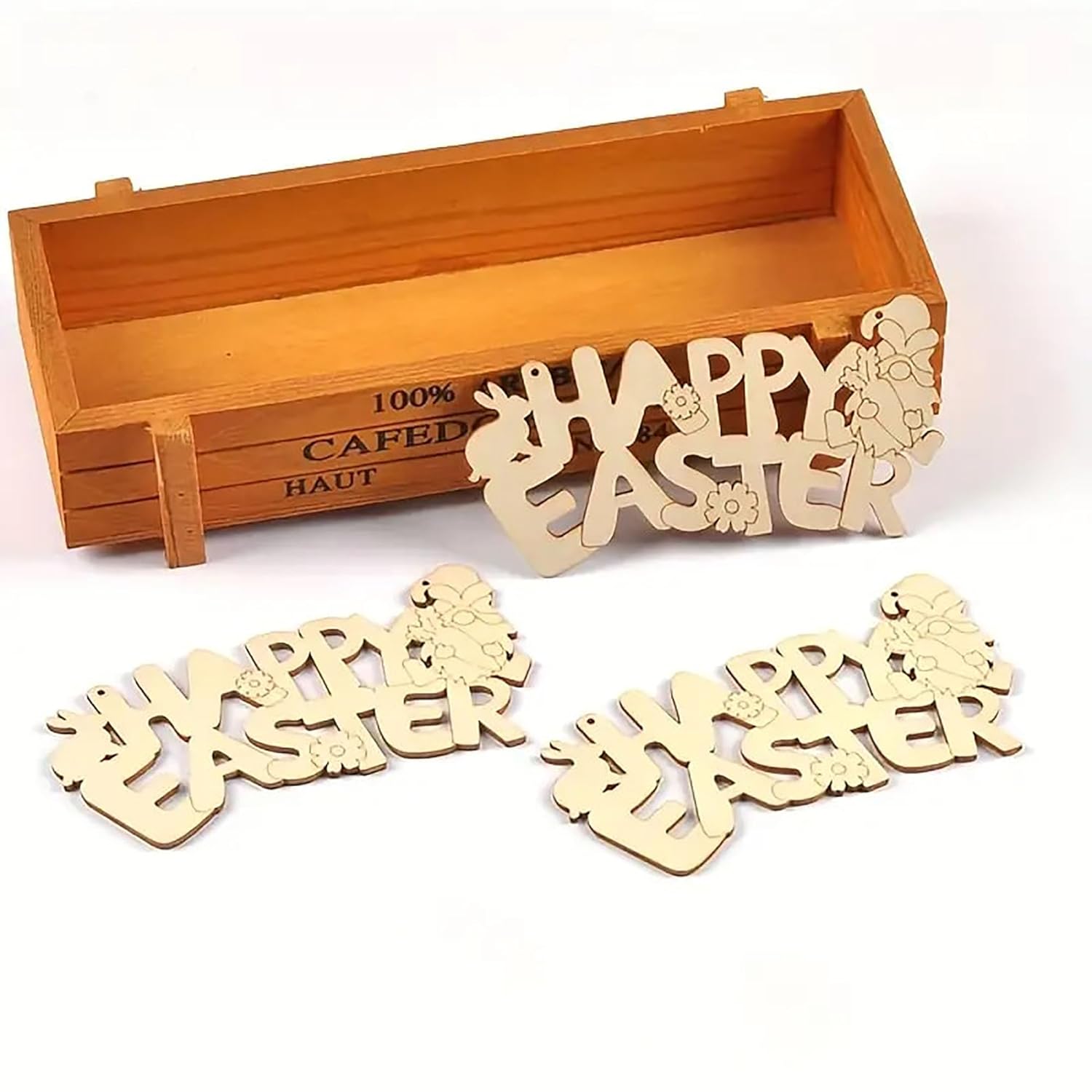 Wooden 'Happy Easter' sign with a wooden box on a white background