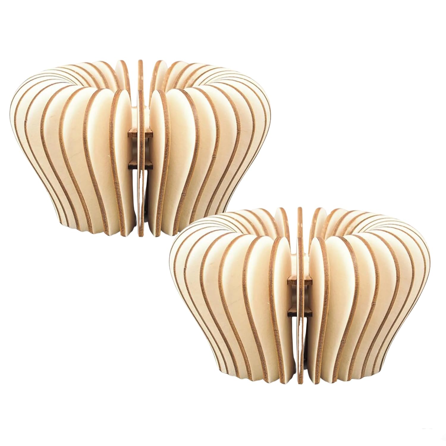 Two wooden lampshades with a unique design on a white background