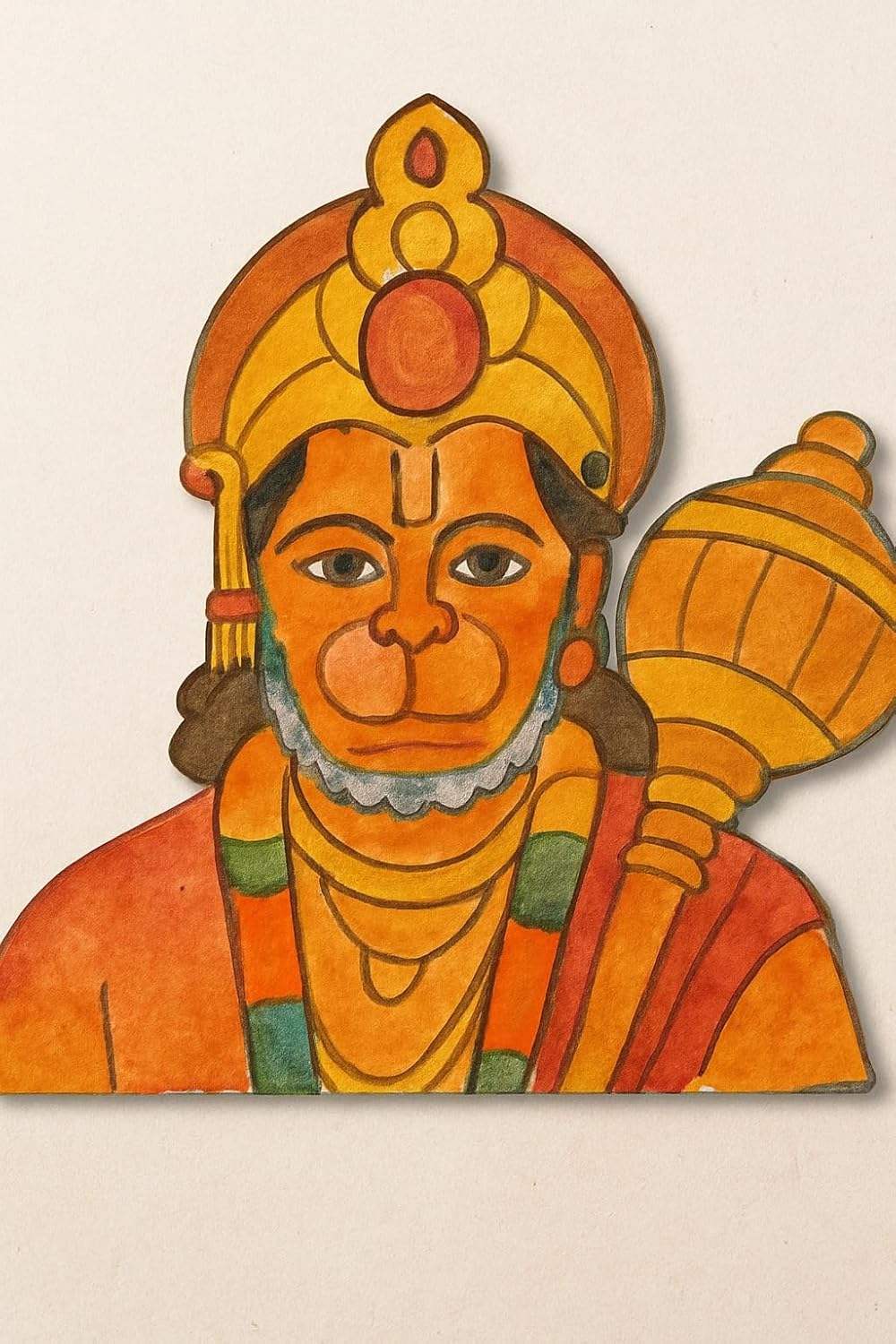 Colorful illustration of a deity with a headdress and staff on a beige background