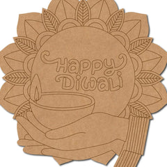 Brown paper cutout with 'Happy Diwali' text and a lamp design on a white background