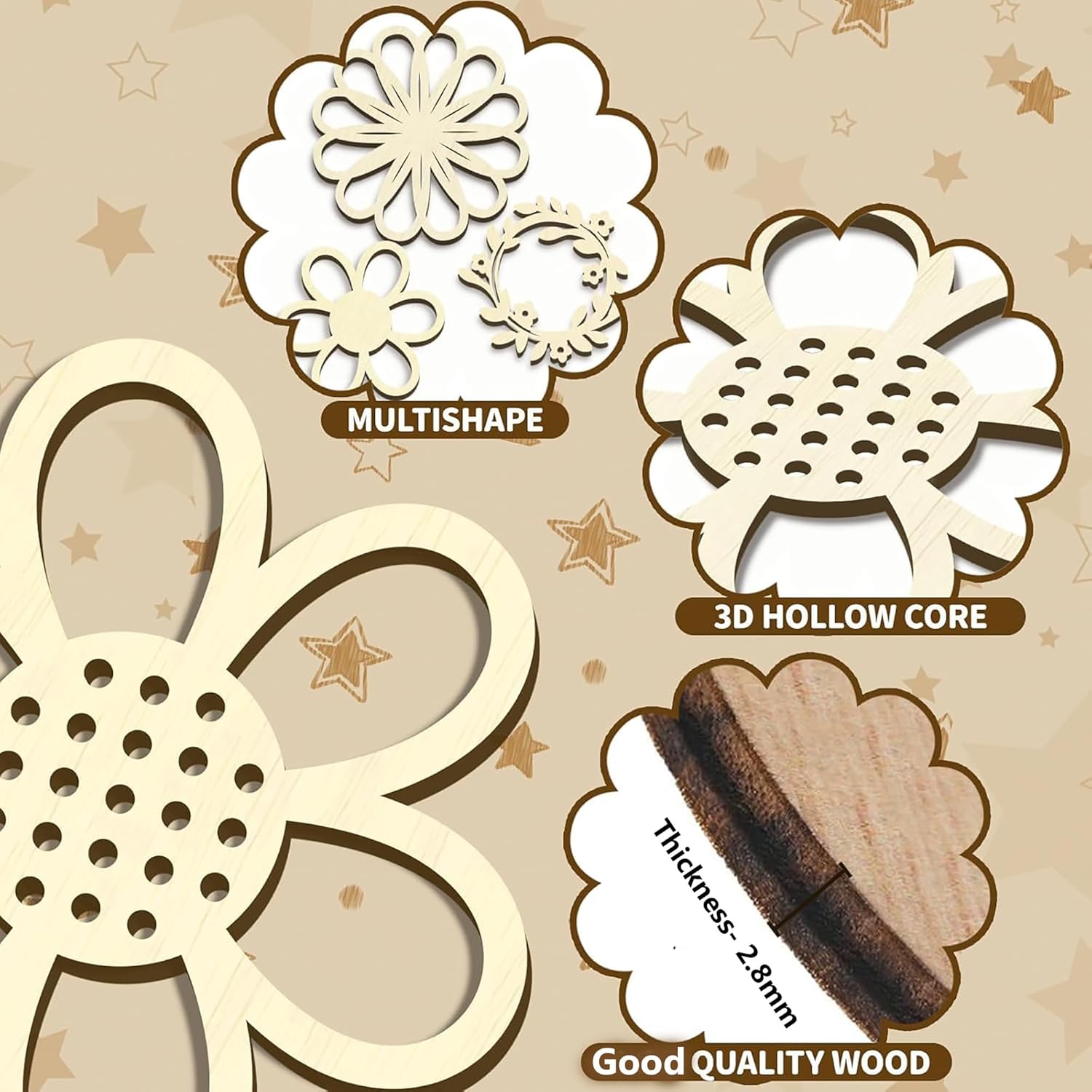 Wooden flower-shaped cutters with text on a beige background