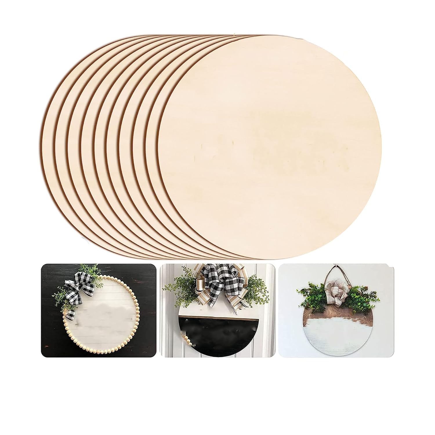 Set of round wooden boards with decorative applications on a white background