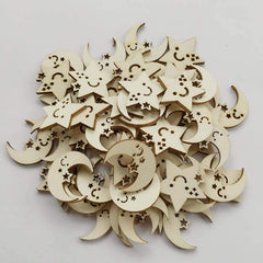 Wooden moon and star shapes with smiling faces on a light gray background