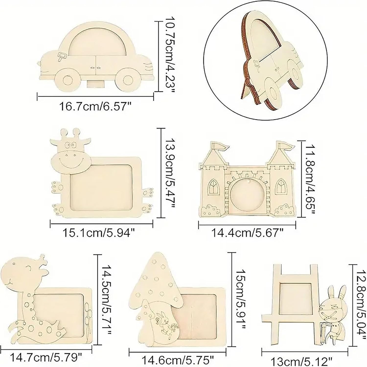 Wooden toys with measurements on a white background