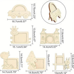Wooden toys with measurements on a white background