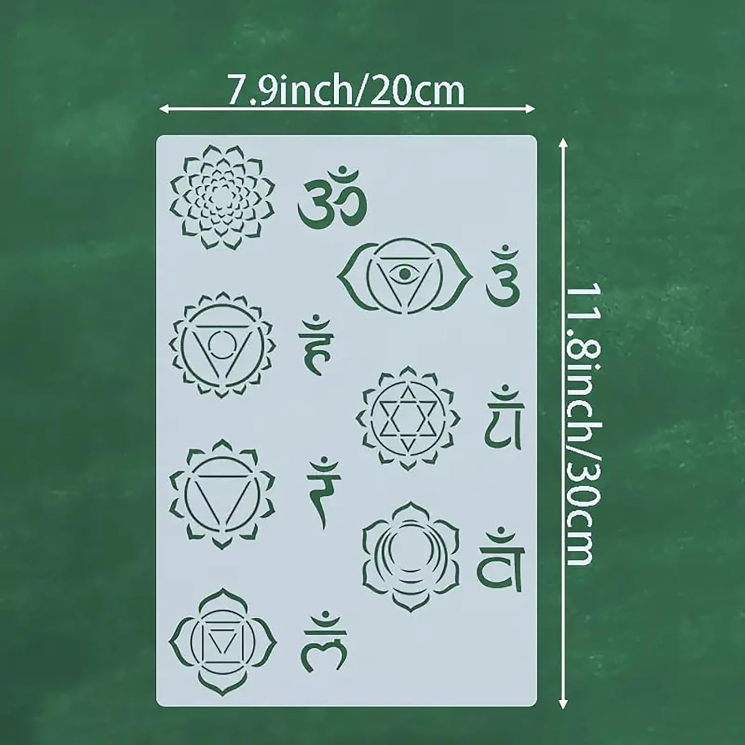 Sheet of temporary tattoos with various symbols on a green background with measurements.