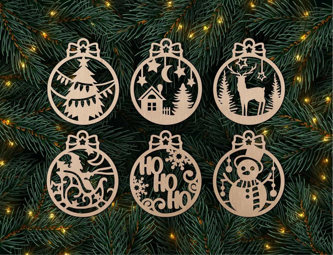 Set of six Christmas-themed wooden ornaments on a decorated tree background